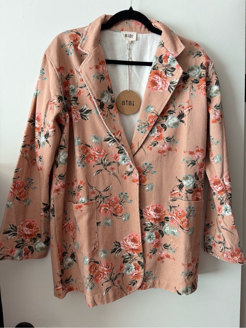 BiBi Peach Floral Denim Blazer Jacket with Coral & Mint Accents